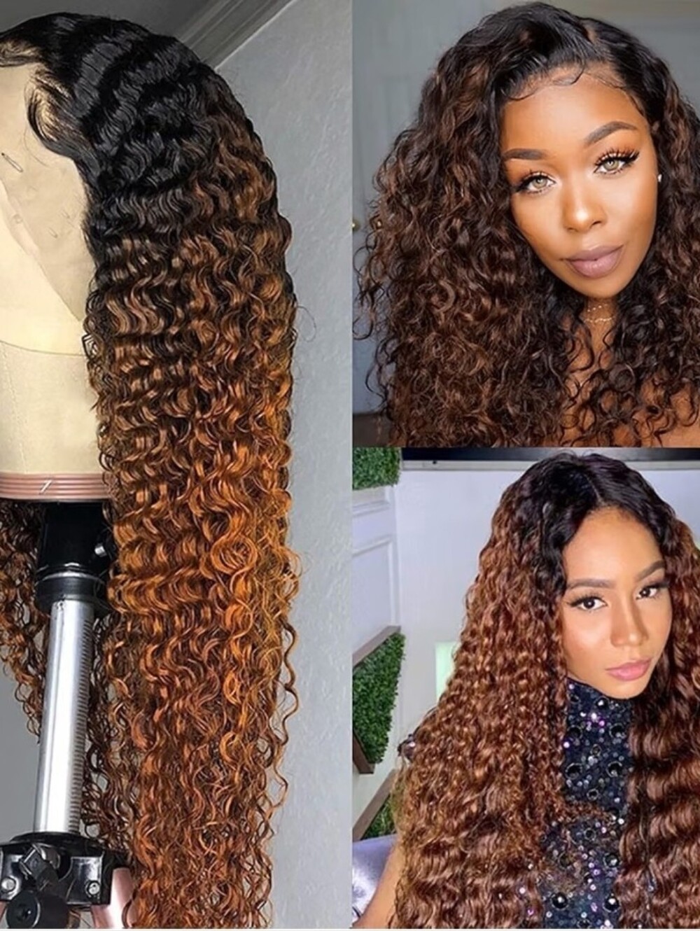 Qdomeiai 26" Ombré Brown Deep Wave curly 13x4 Lace Front 100% Human Hair Wig NEW